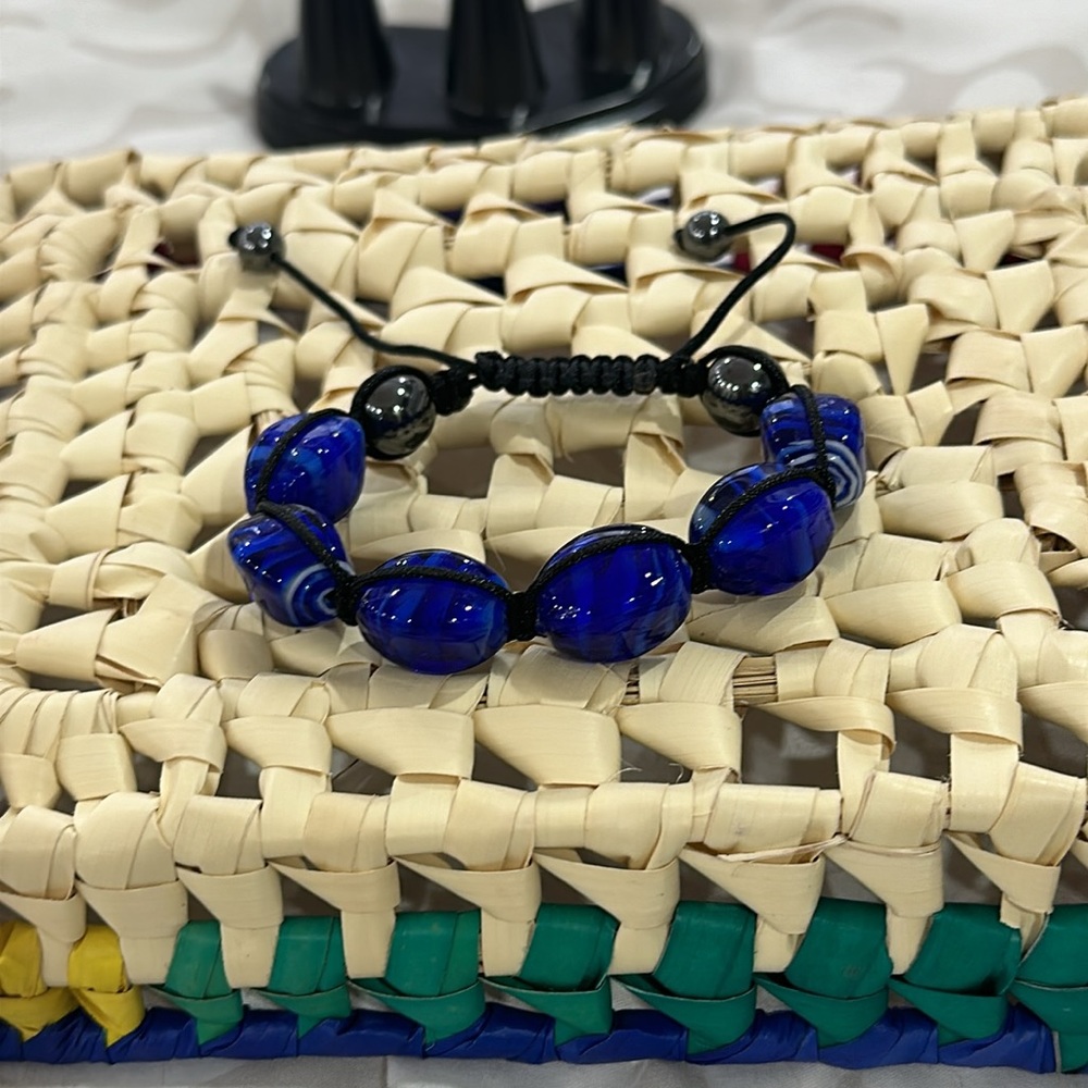 Blue Glass Beads Braided Rope Beaded Bracelet Adjustable Women Jewelry Bangle 1P